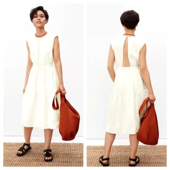 Everlane neutral beige 100% linen peek open back midi length lined dress - Picture 1 of 12